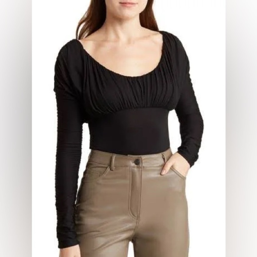 Elodie ruched long sleeve bodysuit black size large